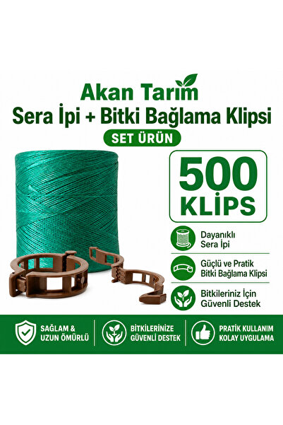 Akan Tarım Sera Bitki Bağlama ve Sabitleme Seti - Sera İpi + 500 Adet Fide Klips