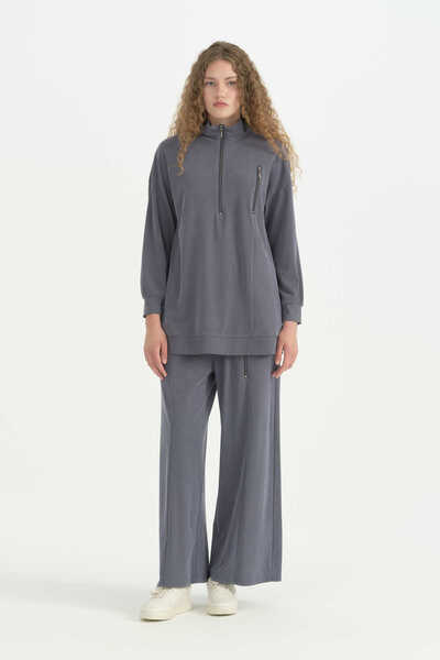Nihan Zipper Detailed Oversize Trousers Tunic Set - Indigo