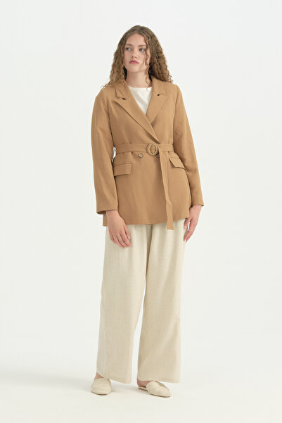 Nihan Double-Breasted Belted Linen Jacket - Camel