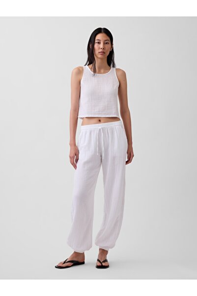 GAP Kadın Beyaz Pamuk Gauze Barrel Jogger Pantolon