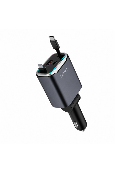 FLINT FL-C06 Car Charger 110W with Built-In Dual Cables (USB-C & Lightning) -...