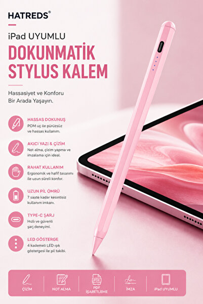 Hatreds iPad Uyumlu Type-C Şarjlı Dokunmatik Stylus Kalem POM Uçlu Hassas Çiz...