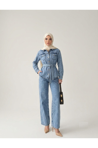 SHEVEGA Ice Blue Belted Denim Jacket Wide Leg Pants Jean Denim Two-Piece Set