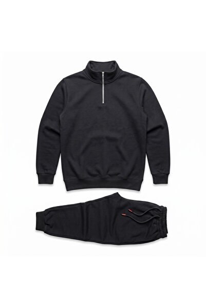 FS CABİN Unisex Unprinted Plain Black Tracksuit Set with Half Zipper Sweatshi...