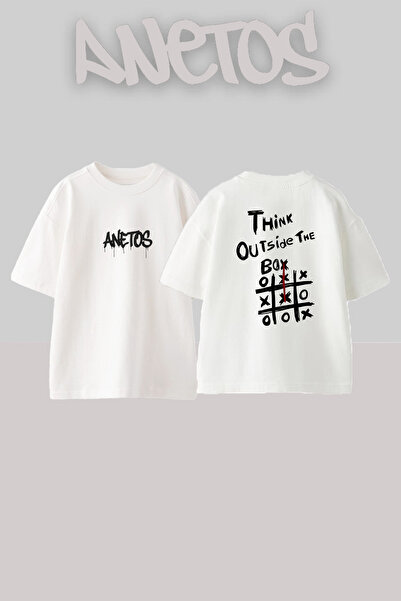 Anetos Outside Box Design Printed Unisex Oversize Fit White Tshirt