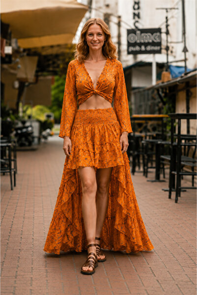 Miss Boheme Orange Color Short Front Long Back Silk Skirt and Bolero Set