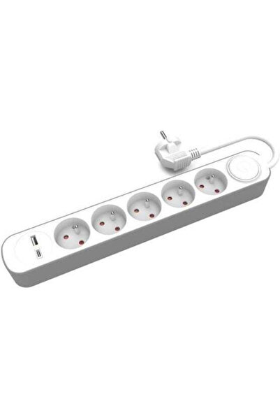 Plastrol Prelungitor cu 5 prize, cu USB-A, USB-C, întrerupător și cablu de 3m...