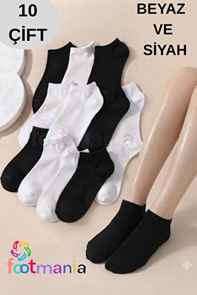 footmania 10'lu Beyaz Ve Siyah Kadın Kısa Patik Bilek Çorap