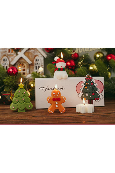 mutlu adım 4 Adet Yılbaşı Mum Seti Kardan Adam Kar Tanesi Gingerbread Çam Ağacı