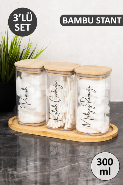 Dolkin Home 3-Piece Bamboo Stand Makeup Cotton Set - Cotton - Cotton Swab Lab...