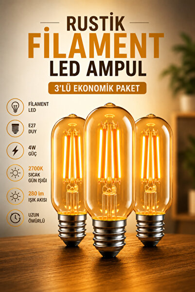 Edison 3'lü T45 Gemici Rustik Filament LED Ampul E27 Dekoratif Vintage Sıcak ...