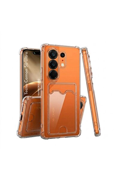 Tecno Camon 50 Ultra Uyumlu Kartlıklı Kılıf Köşe Korumalı Cüzdanlı Esnek Silikon Kapak Şeffaf