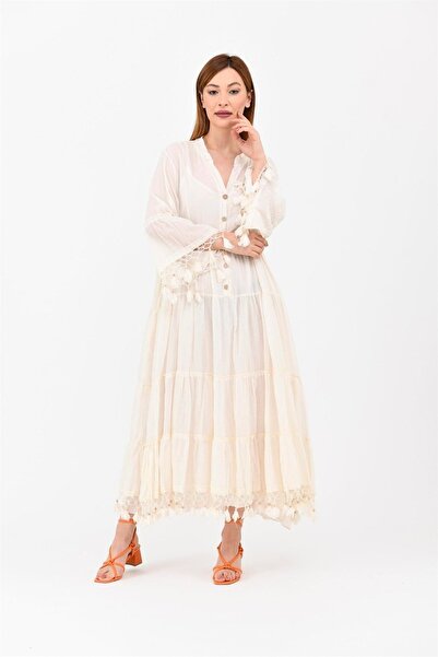 Hazinedan Women's Bohemia Design Tassel Detail Long Raw Ecru Ismaira Tunic Dress