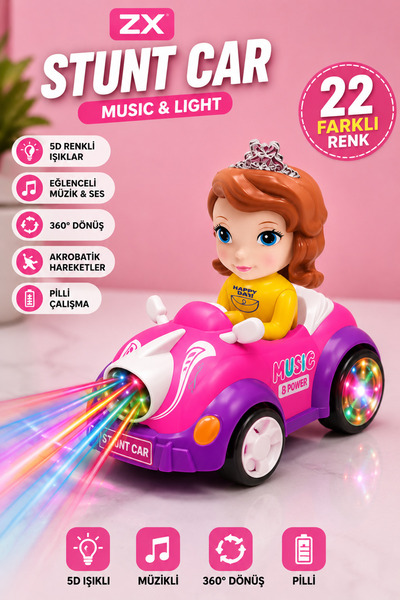İlknurtoys Işıklı Sesli Müzikli Stunt Car Akrobat Araba 360° Dönen Pilli Oyuncak Araba Pembe