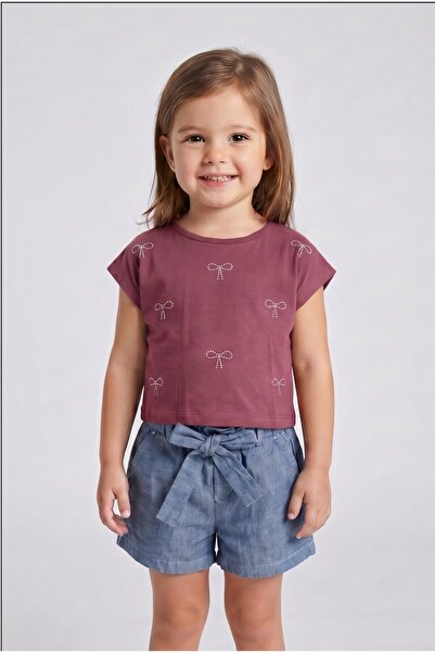 MAVİ BONCUKK Girl's Bowknot Stone Printed T-Shirt Belted Shorts Set