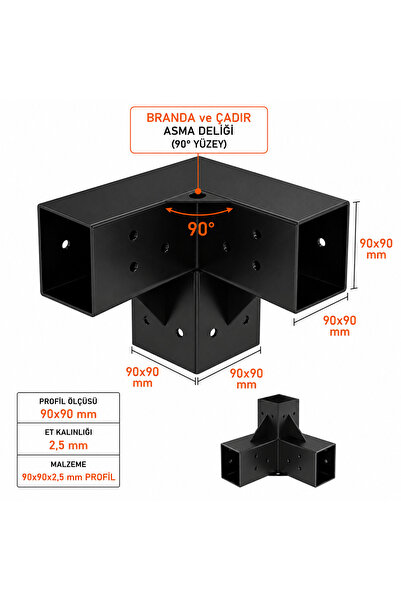 benlinewood 90x90x2,5 mm Pergola 3 Yön Köşe Bağlantı Aparatı Profil İç ÖlçüLe...