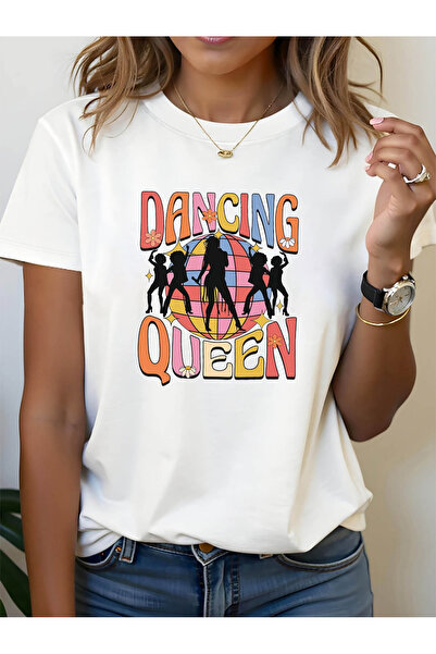 LİNA06 تي شيرت نسائي بأكمام قصيرة وياقة دائرية مطبوع عليه رسومات DANCING QUEE...