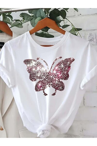 212Wear تي شيرت أبيض بطبعة فراشة لامعة، بلوزة برقبة دائرية للارتداء اليومي وا...