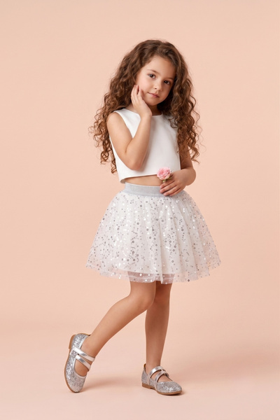 Le Mabelle White Sequined Beaded Girls' Tulle Skirt - Pauline