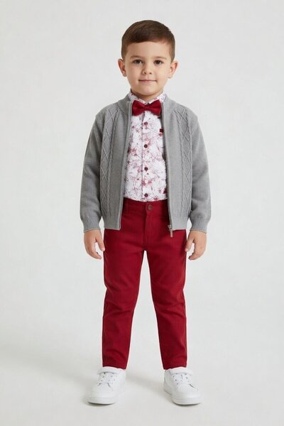 Cansın Mini Gray Linen Trousers, Cardigan and Boy's Shirt 3-Piece Set 24549
