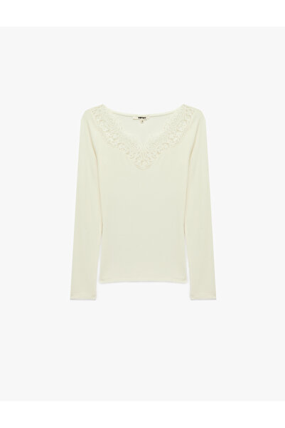 Koton Long Sleeve Lace Detailed V-Neck T-Shirt