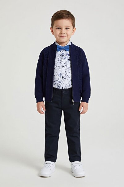 Cansın Mini Navy Blue Linen Pants, Cardigan and Boy's Shirt 3-Piece Set 24550
