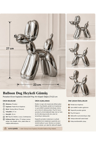 Atak Hediyelik Balloon Dog Heykeli Gümüş-Porselen Krom Kaplama Dekoratif Pop ...