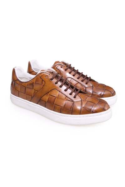 FRANCO CALVANI Tan Color Lace-Up Genuine Leather Braided Men's Shoes