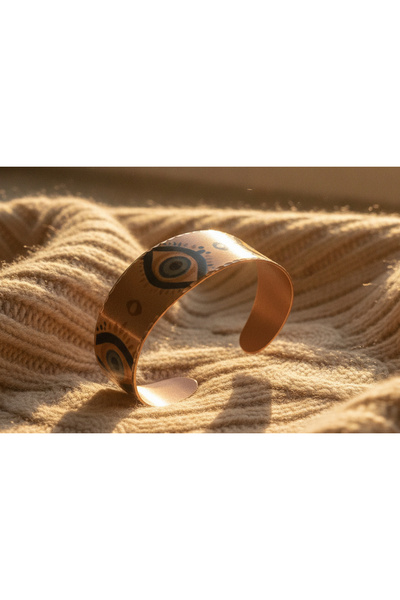 Erol Bakır Copper Evil Eye Patterned Wide Adjustable Cuff Bracelet