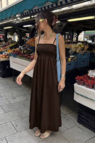 oshebu Women's Shoulder Strap Gathered Unlined Long Dress