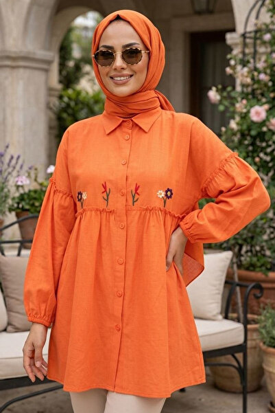 N.S NEVA STYLE Embroidery Patterned Orange Hijab Tunic 40603t