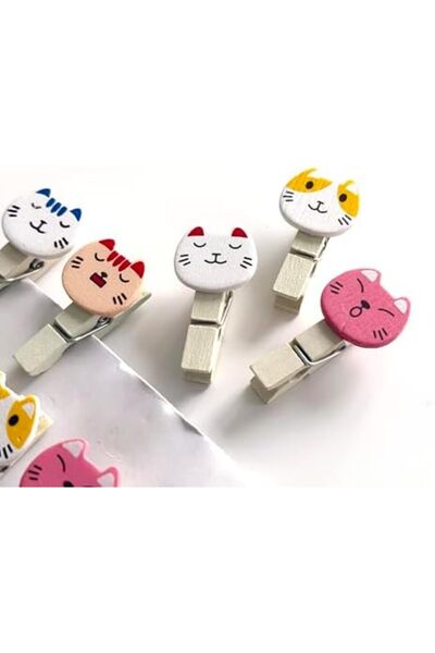 Yıldızan Cute Cat Design Wooden Note Holder Pegs, Multi-Colored, 30 Pieces, D...
