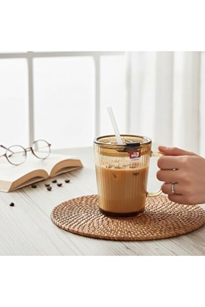 Yıldızan 2 Pieces Glass Mug with Lid and Straw for Tea, Coffee, Soft Drink, D...