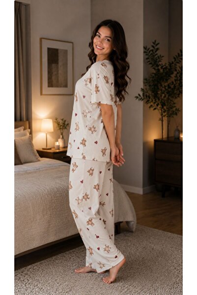 THEBEK Set de pijamale pentru femei, cu mâneci scurte, tricotate, brodate, Milan