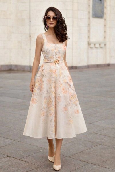 AsprinFashion Women's Floral Patterned Belted Midi Dress with Button Detail – Imported Fabric