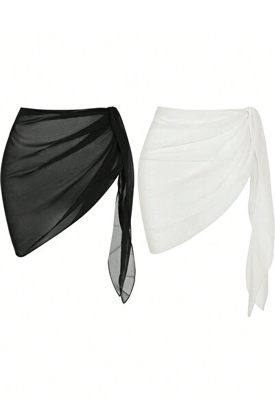 kapsulavm Women's Black and White Transparent Waist Tie Pareo 2-Piece
