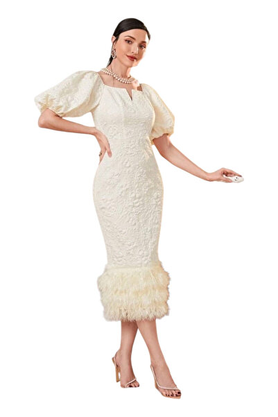 OEM Rochie midi, eleganta, crem, cu franjuri, L