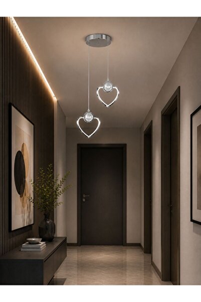 EY-EL TASARIM İKİLİ KALP 3 RENK MODLU KRİSTAL TAŞLI LEDLİ SARKIT AVİZE