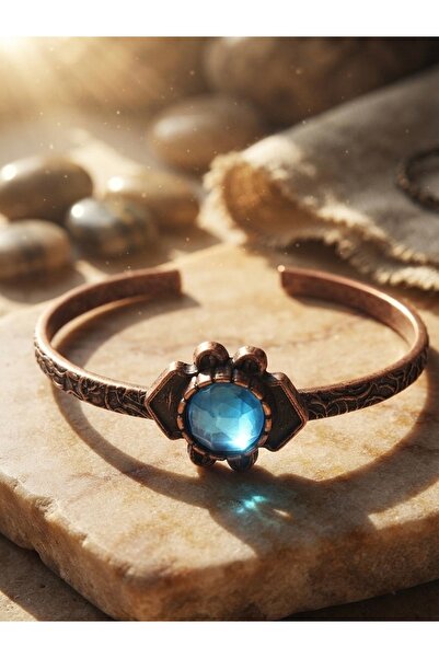 Meneva Aksesuar Special Design Adjustable Copper Bracelet with Blue Cat's Eye...