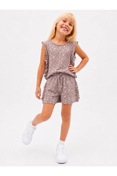 YİGİT BUTİK Girl's Wrinkled Fabric Floral Patterned Ruffle Detailed Shorts Su...