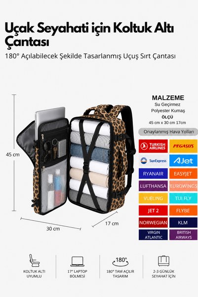 woys Travel Backpack Çok Bölmeli Kabin Boy Leopar Desen Seyahat Sırt Çantası | Uçak İçi Uyumlu | Su Geçirmez - Laptop Bölmeli