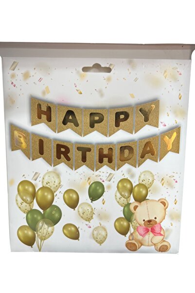 Particimden Gold Simli Happy Birthday Flama Banner - Ayıcık Safari Konsepti Doğum Günü Süsleme Seti Afiş