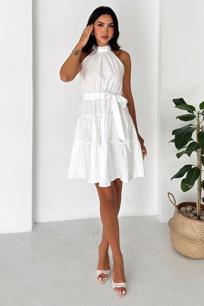 Noa&Noa Women's Ecru Halter Neck Layered Mini Dress with Belt