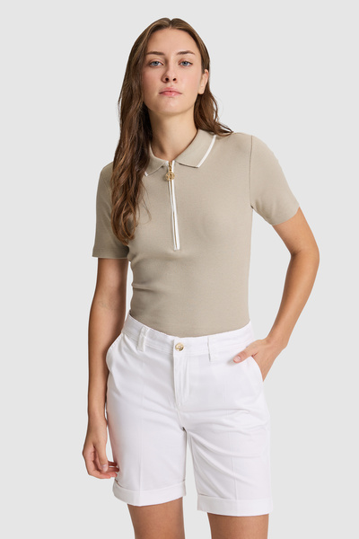 U.S. Polo Assn. Women's Light Khaki Polo Collar Zipper Detailed T-Shirt 50324...