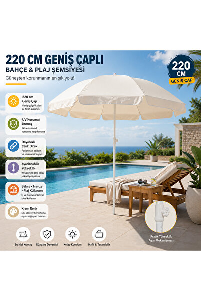 Altınkayaticaret 220 cm Bahçe ve Plaj Şemsiyesi – UV Korumalı, Çelik Direkli,...