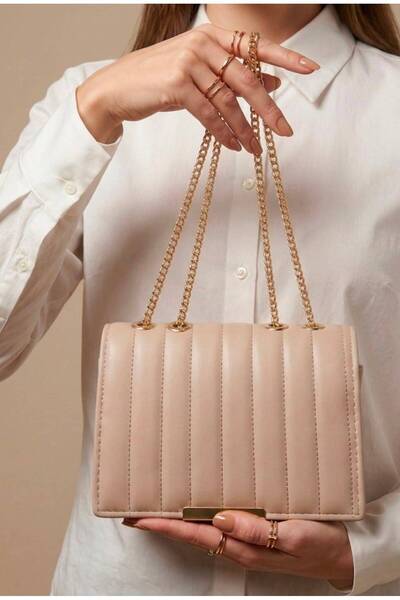 addy Striped Quilted Gold Chain Shoulder and Hand Bag