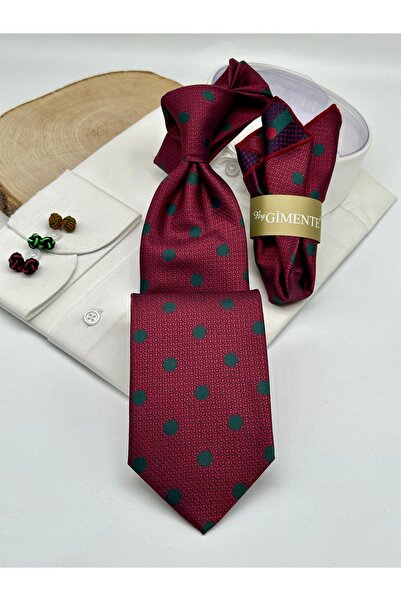 Gutiero Burgundy Green Polka Dot Classic Tie with Handkerchief