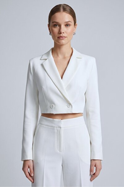 Lily Evans Kadın Regular Fit Kruvaze Kapama Crop Blazer Ceket - Şık & Spor