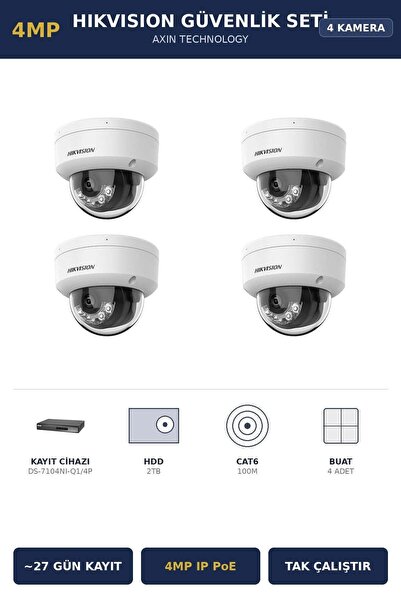 Hikvision 4 Kameralı 4MP Güvenlik Kamera Seti 4MP IP PoE 2TB ~27 Gün Kayıt Do...