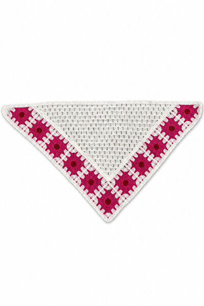 Jack Ferrero Hand Knitted Crochet White Fuchsia Floral Patterned Triangle Ban...